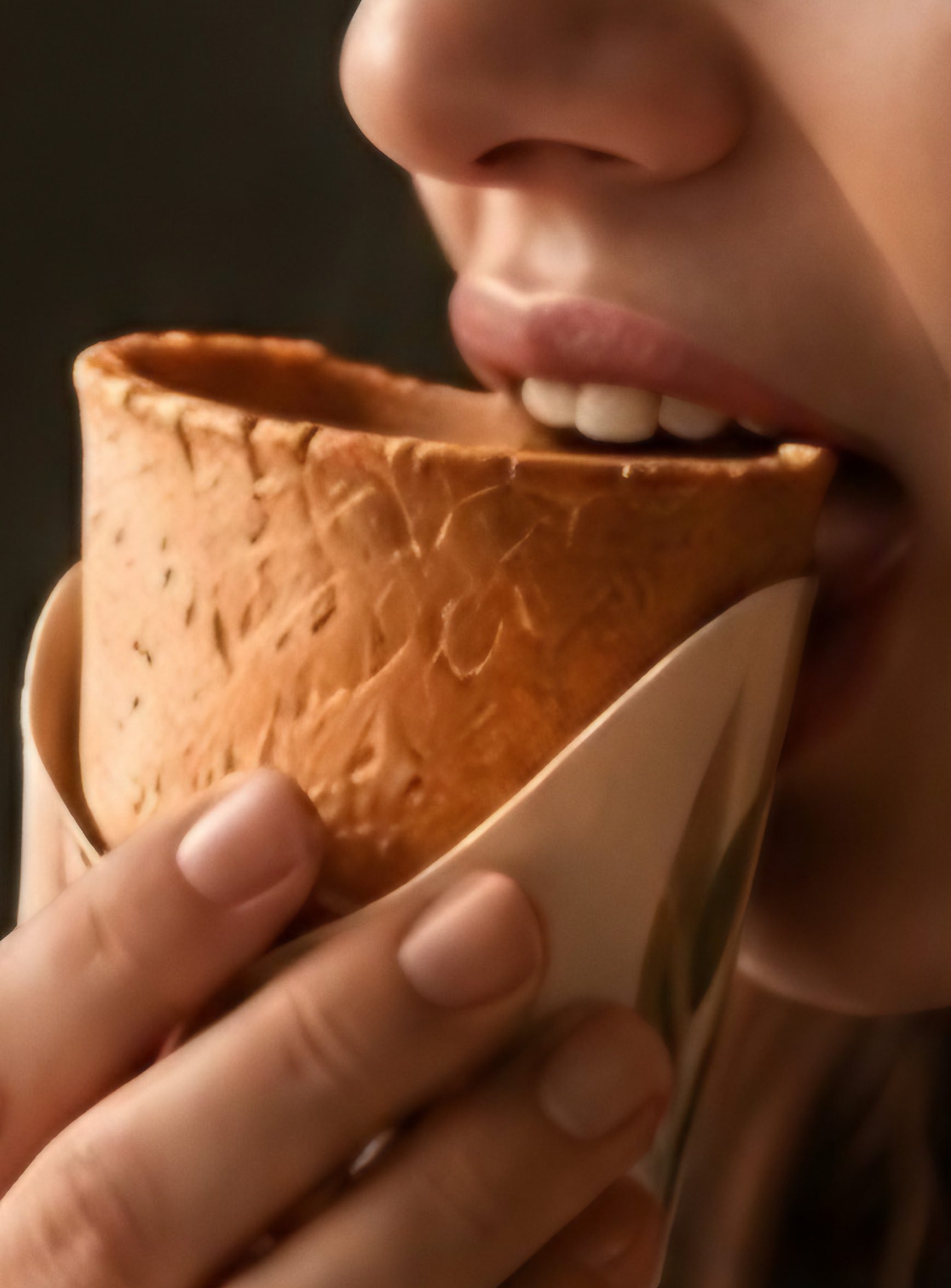 A hand lifts an empty edible cup for a first bite.