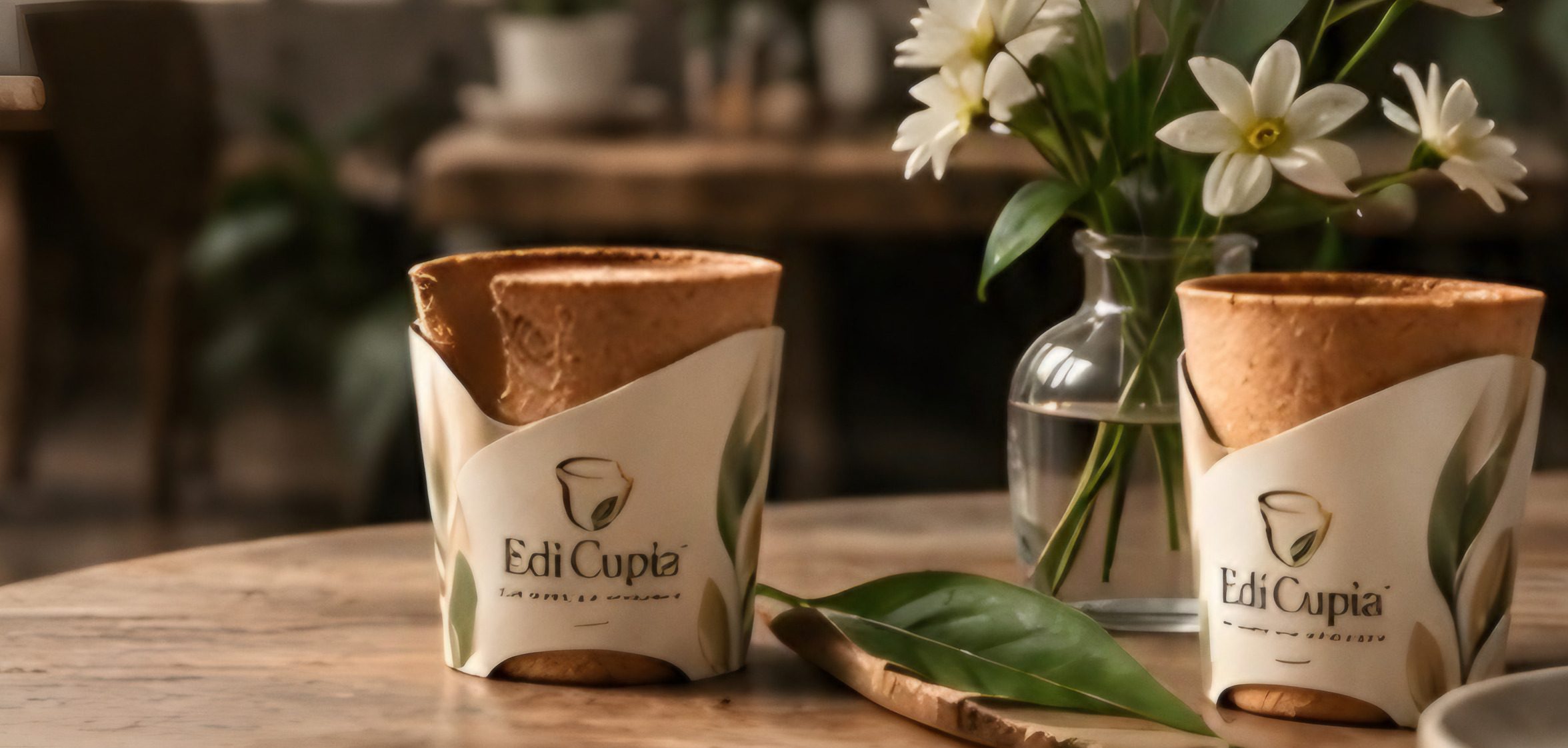 Two Edi Cupia cups on a café table beside a small vase of white flowers.