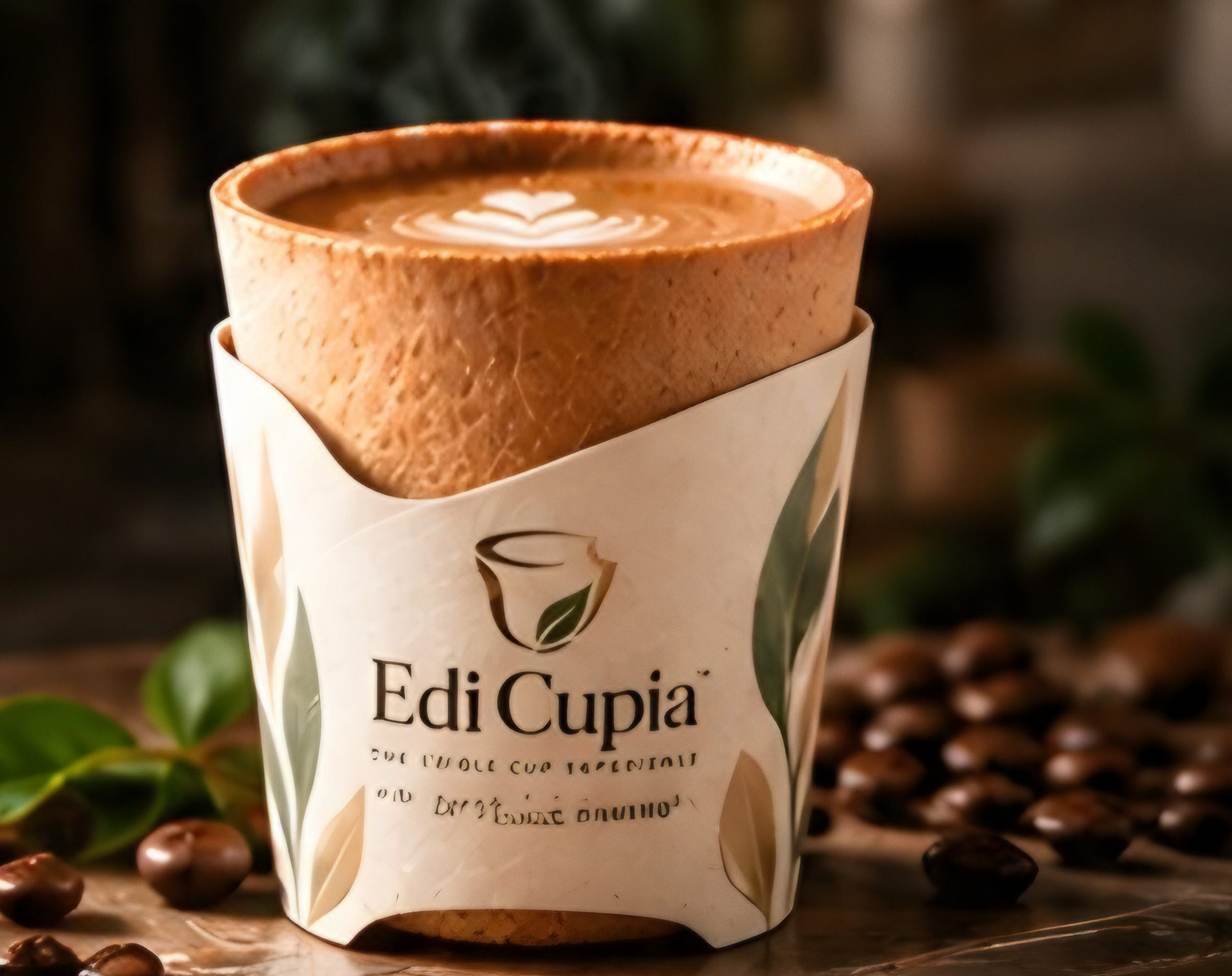 An Edi Cupia cup on a wooden table among coffee beans and plants.