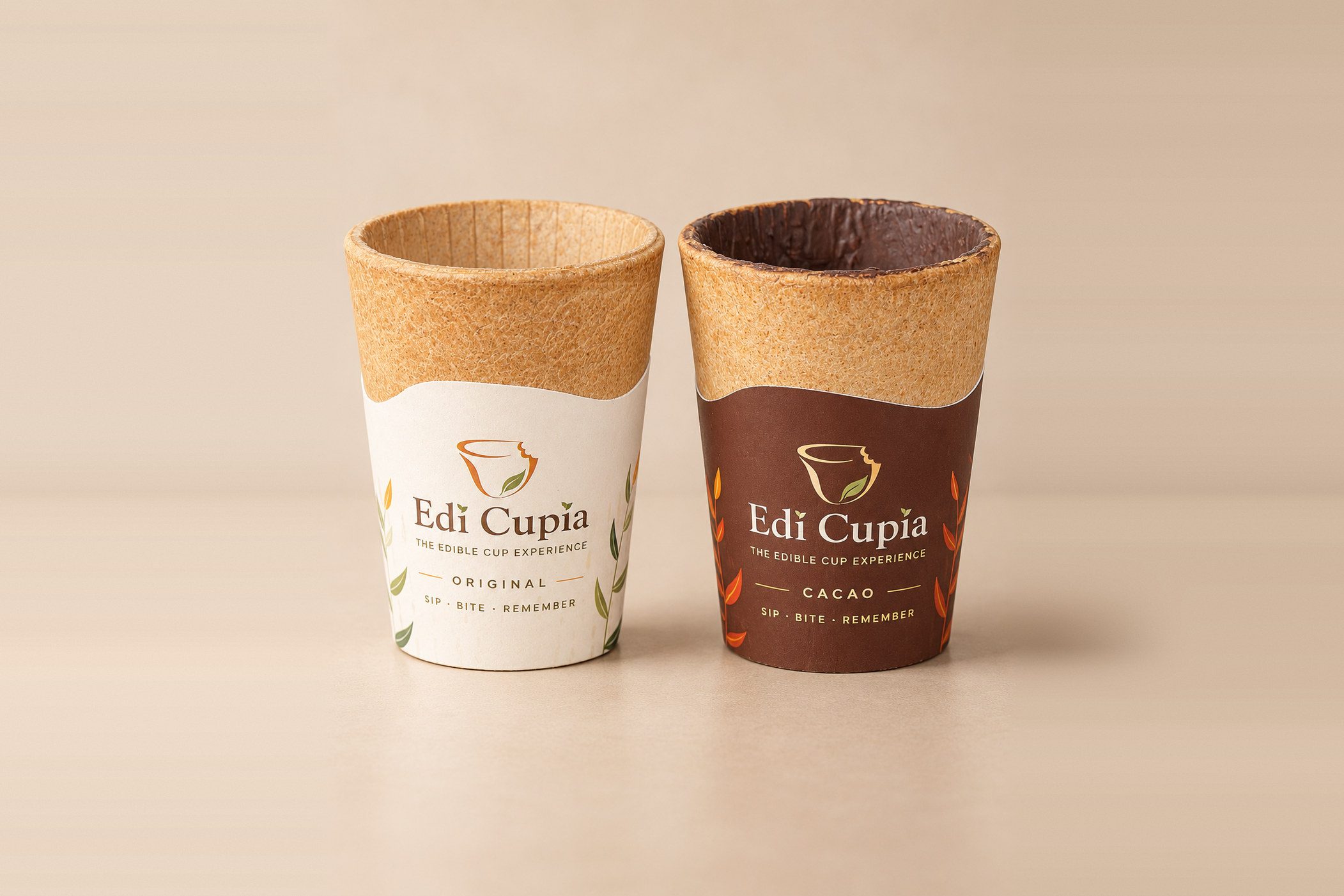 La tasse Edi Cupia Original dans son manchon ivoire, à côté de la tasse Cacao au manchon brun cacao, à l’intérieur tapissé de chocolat.