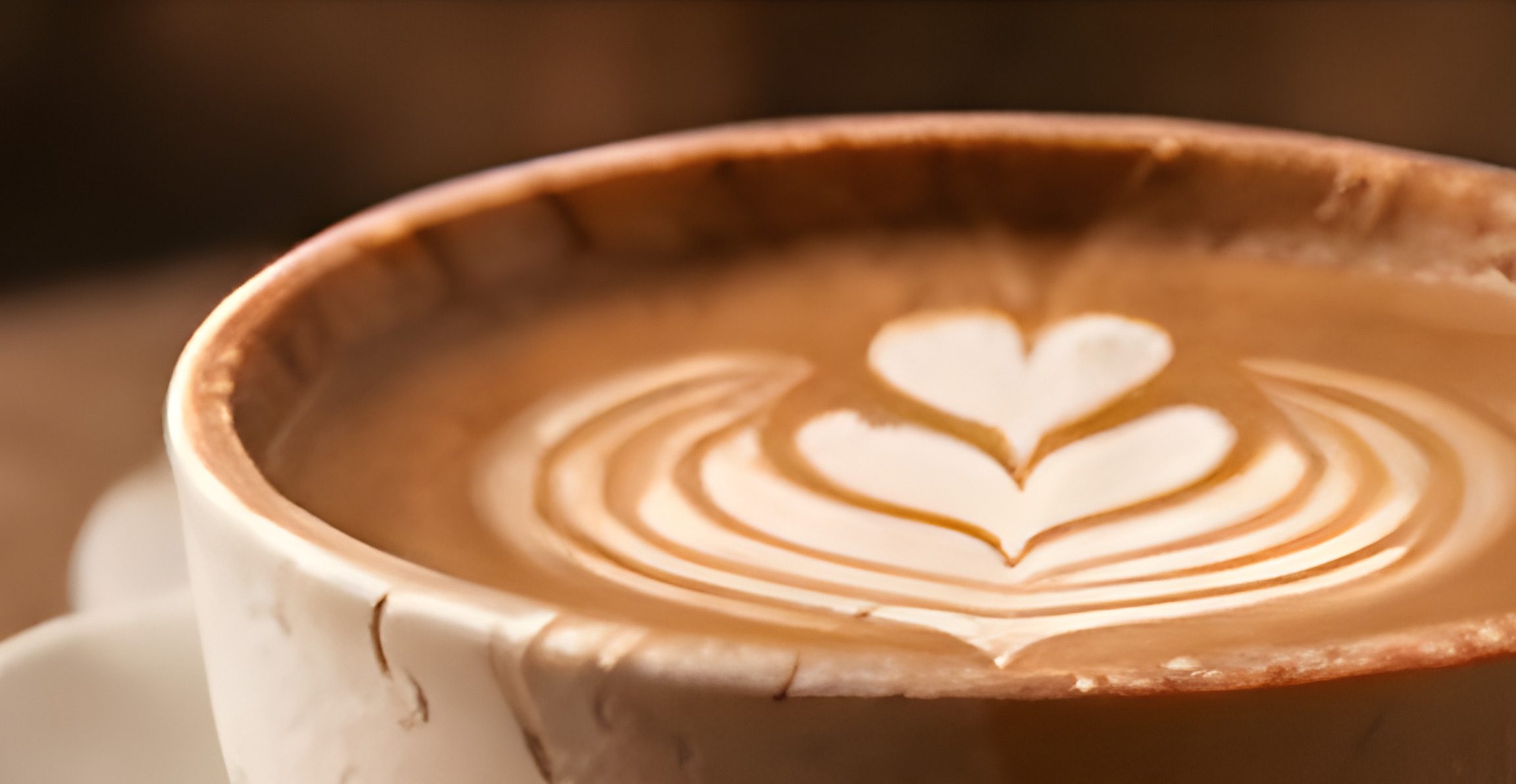 Close-up of a heart-shaped latte art inside an edible cup.