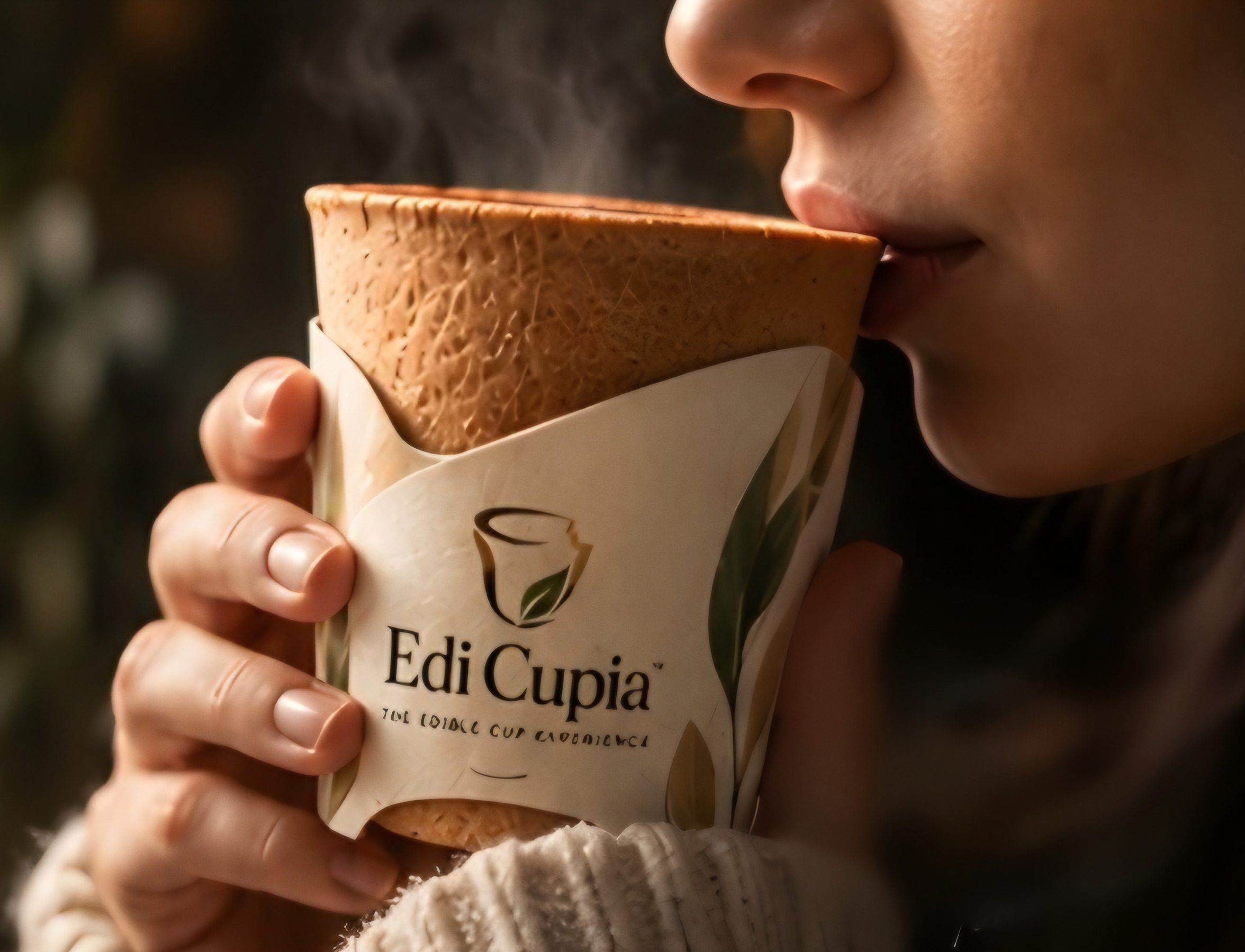 A person in a knit sweater takes a first sip from a steaming Edi Cupia cup held in both hands.