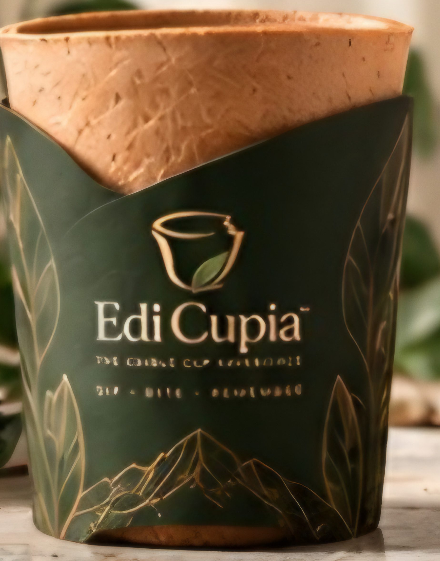 An edible cup in a forest-green special-edition sleeve with gold mountain line art.