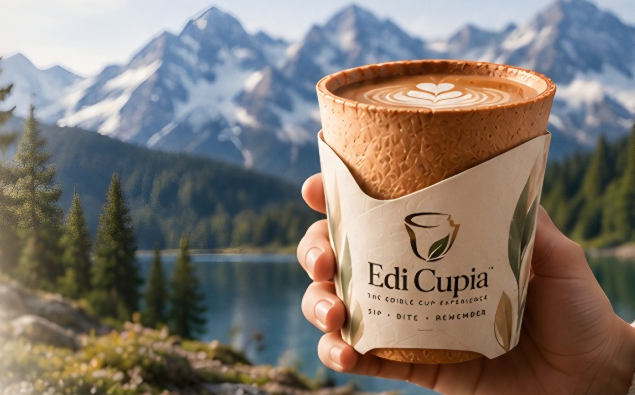 A hand holds an Edi Cupia cup of latte in front of a mountain lake and evergreen forest.
