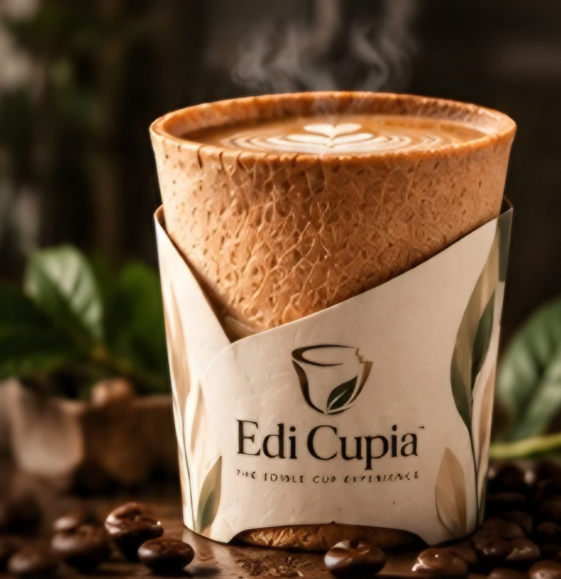 An Edi Cupia edible cup filled with a steaming latte, set among roasted coffee beans and green leaves.
