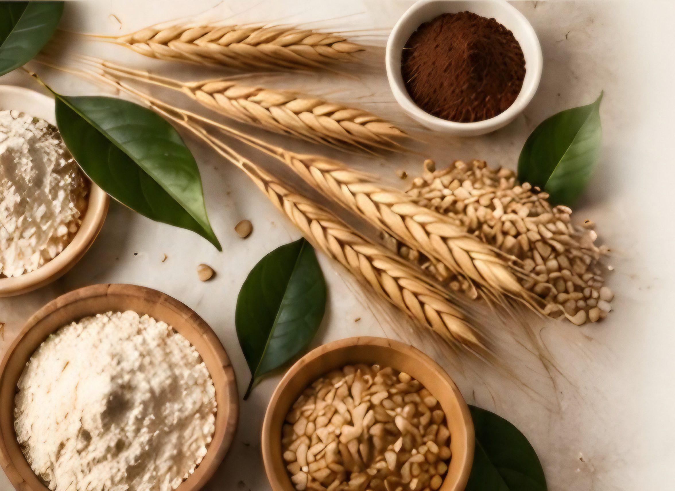 Flour, grains, wheat ears and cocoa powder in wooden bowls on a pale linen surface.