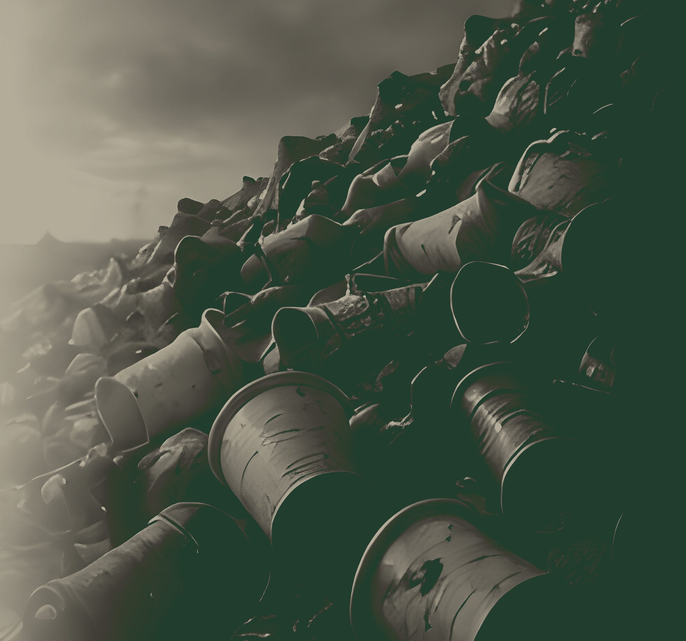 A heap of discarded disposable cups under a grey sky.
