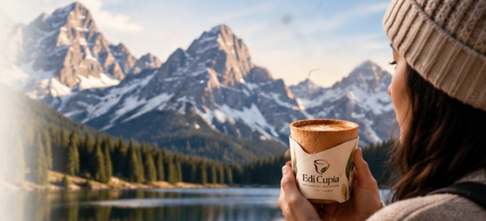 A woman in a knit hat holds an Edi Cupia cup while looking out over mountains and a lake.