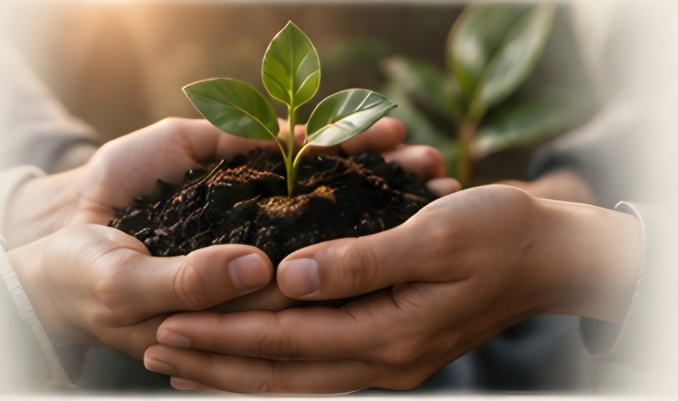 Two cupped hands holding soil and a young green seedling.