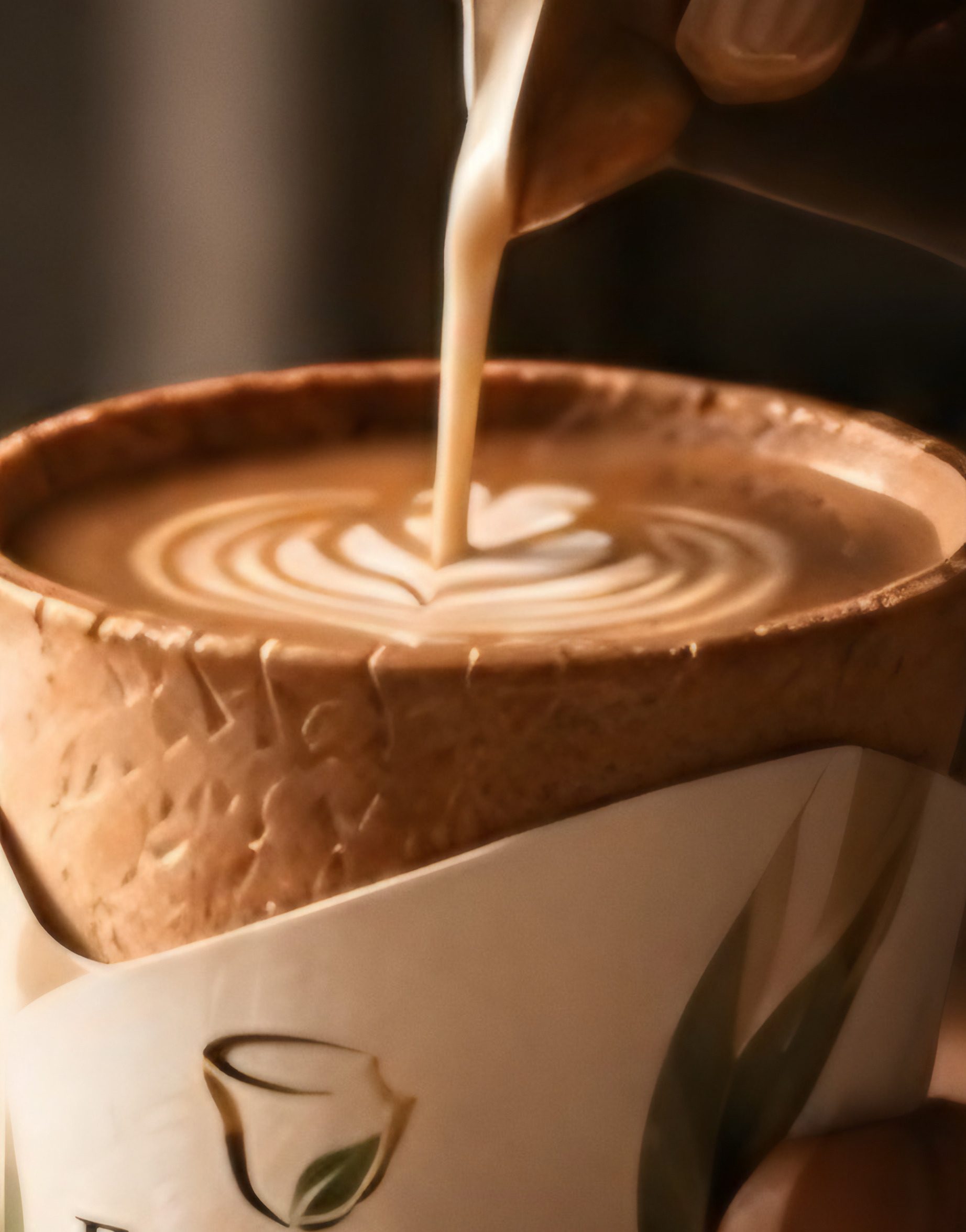 Steamed milk being poured into an edible cup, forming latte art.